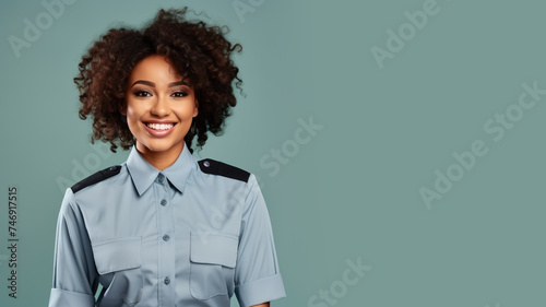 Afro woman in prison officer uniform smile isolated on pastel background photo