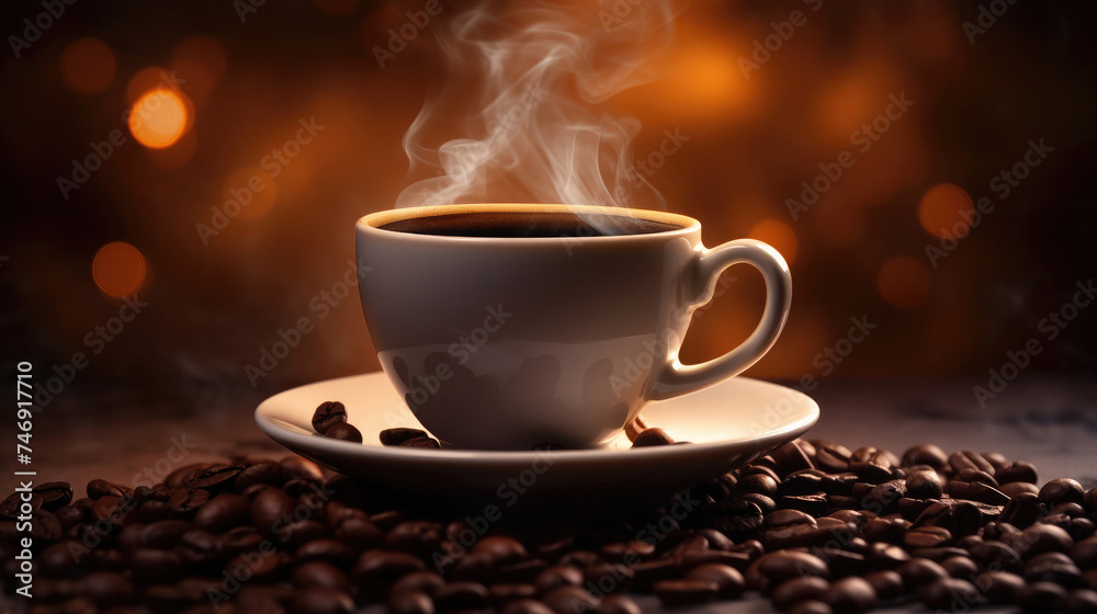 A cup of freshly brewed espresso coffee produces white steam with roasted coffee beans scattered around it isolated on a clean dark background A cup of freshly brewed espresso coffee produces white steam with roasted coffee beans scattered around it isolated on a clean dark background