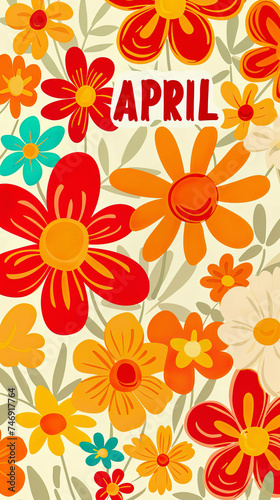 Text APRIL lettering on colorful floral groovy background