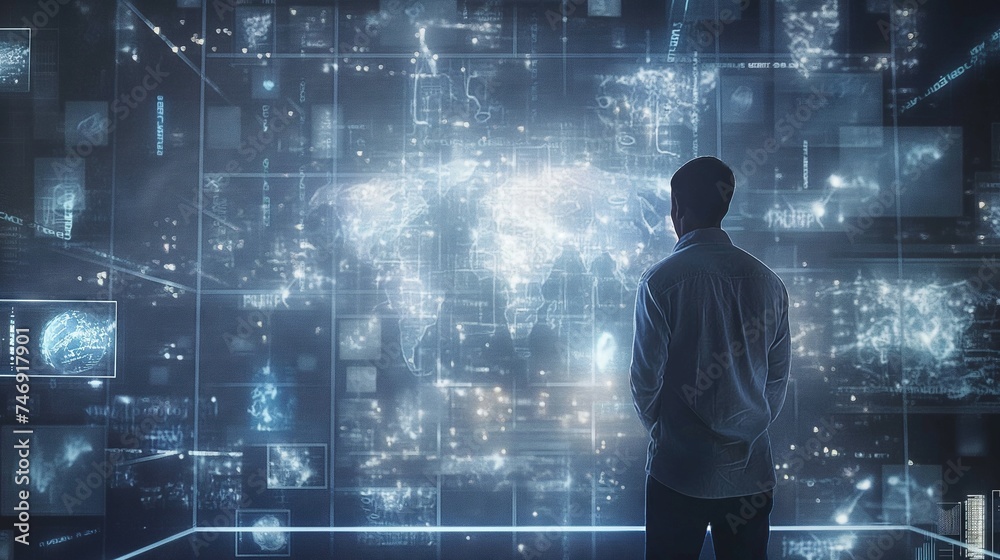 Unleashing Possibilities Chat Bot, AI Smart Tech, Man Engages in Virtual Graphic Global Internet Connect, Artificial Intelligence, Commanding Futuristic Technology Transformation