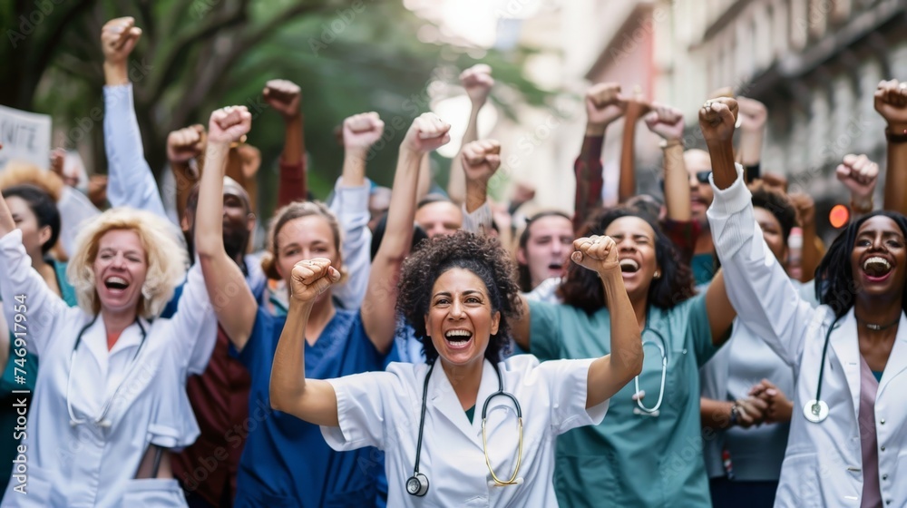 Large diverse multiethnic medical team standing cheering and punching the air with their fists as they celebrate a success or motivate themselves Large diverse multiethnic medical team standing cheering and punching the air with their fists as they celebrate a success or motivate themselves