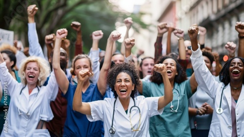 Large diverse multiethnic medical team standing cheering and punching the air with their fists as they celebrate a success or motivate themselves © Sasint