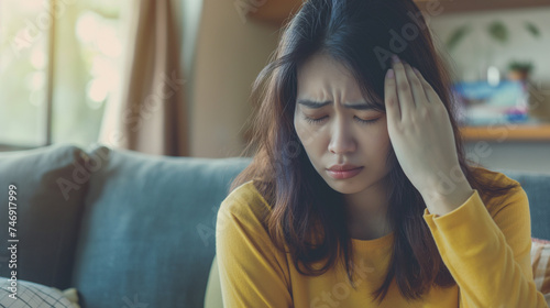 mulher asiática deprimida sentada no sofá da sala em casa sentindo dor de cabeça photo