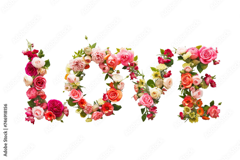 Love Spelled With Flowers on a White Background