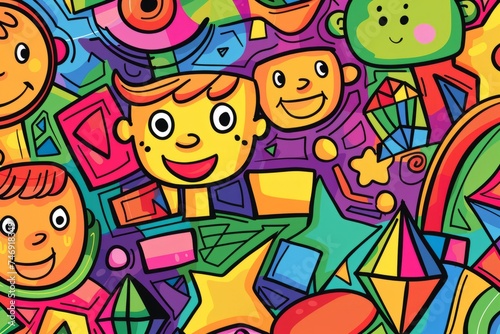 Cartoon cute doodles of kindergarten students learning about shapes and colors through fun games and activities, Generative AI
