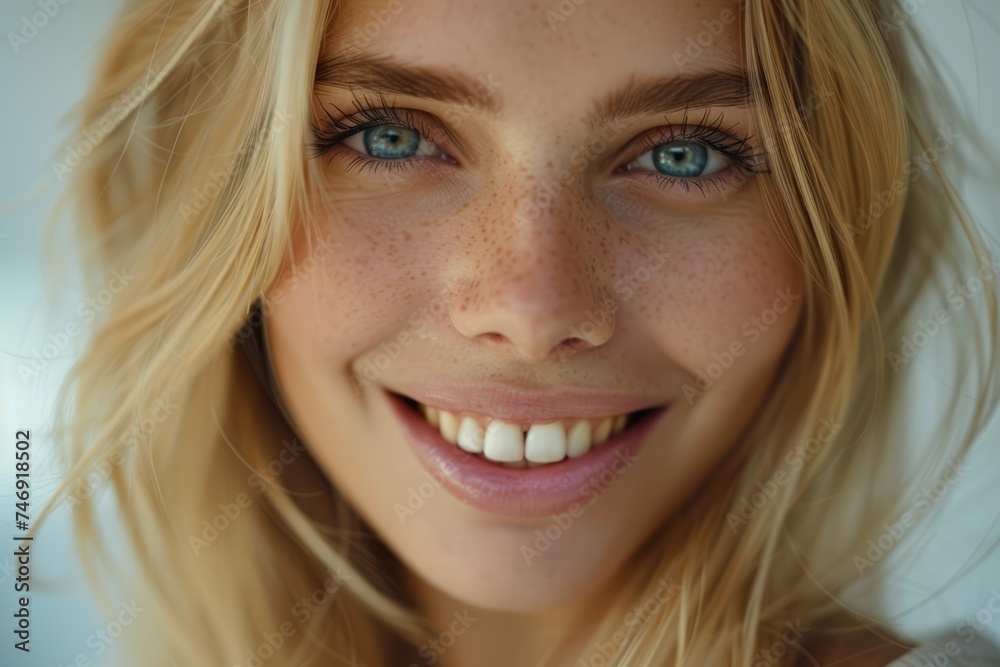 Cute happy young blonde lady with a beautiful smile and freckles on her face. AI Generated Cute happy young blonde lady with a beautiful smile and freckles on her face. AI Generated