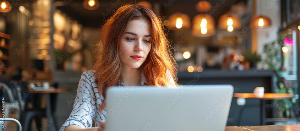 Focused young woman working on a laptop at a modern table indoors with a cup of coffee