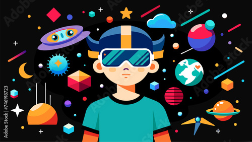 Vector illustration of a boy wearing glasses in front of abstract materials.