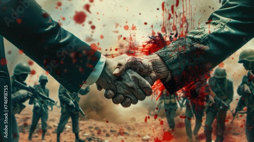 Businessmen shake hands illustration. Blood, war and soldiers on the background. Bloody politics concept. AI Generated  photo