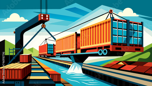 Vector illustration of daily routine work of cranes in a port.