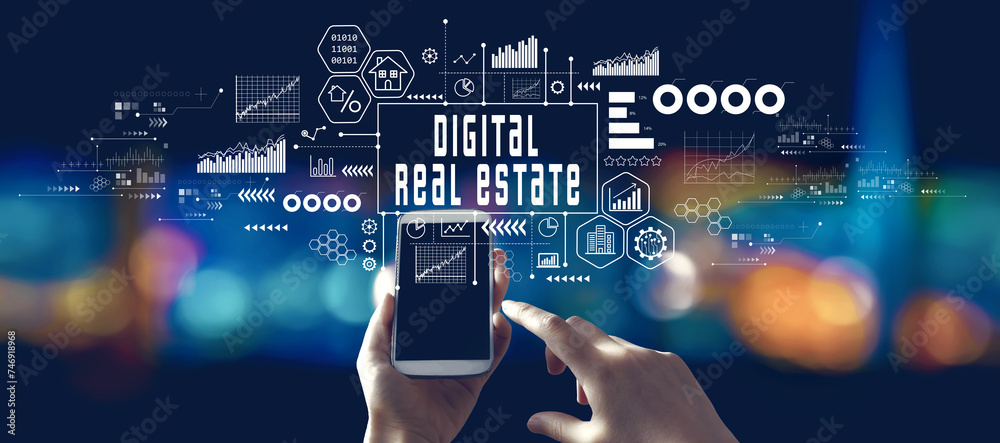 Fototapeta premium Digital Real Estate concept with person using a smartphone at night