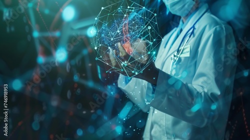 Medicine doctors hold icon health and electronic medical records on the interface. Digital healthcare and network connection on hologram virtual screen, insurance. medical technology 