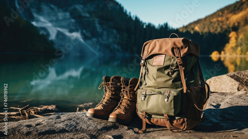 Green brown backpack and hiking shoes at the base of a mountain forest trail with morning light and clear blue sky created with Generative AI Technology