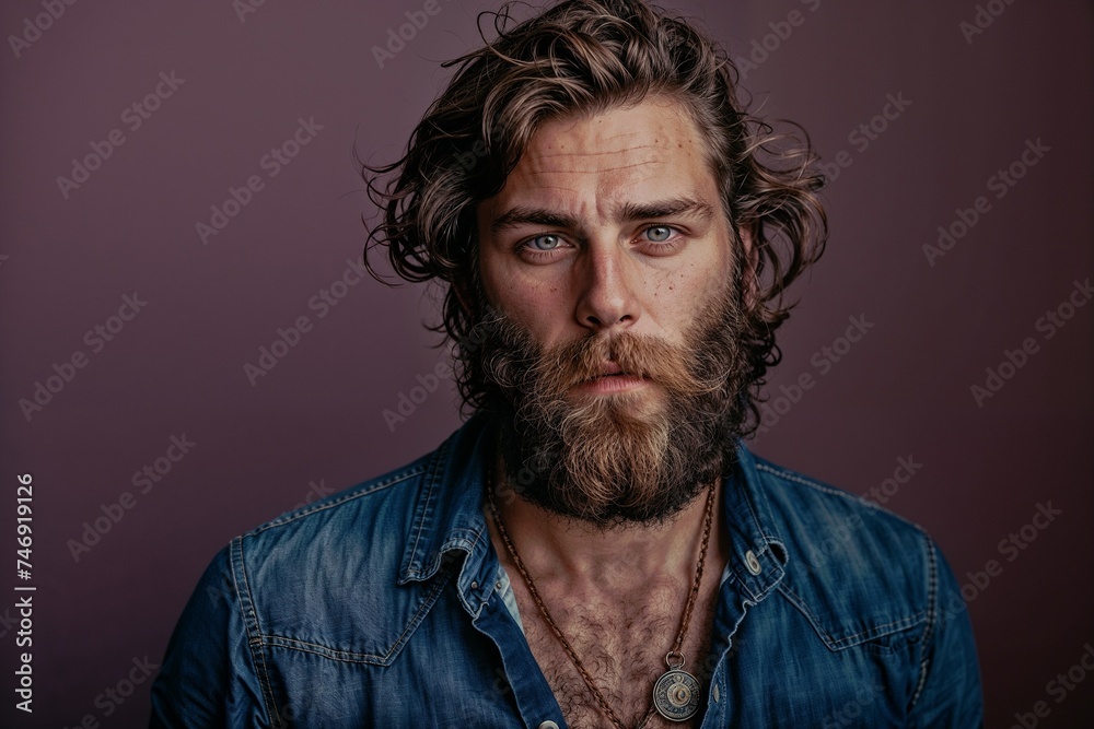 Rugged Bearded Man with Intense Eyes in Casual Denim Rugged Bearded Man with Intense Eyes in Casual Denim