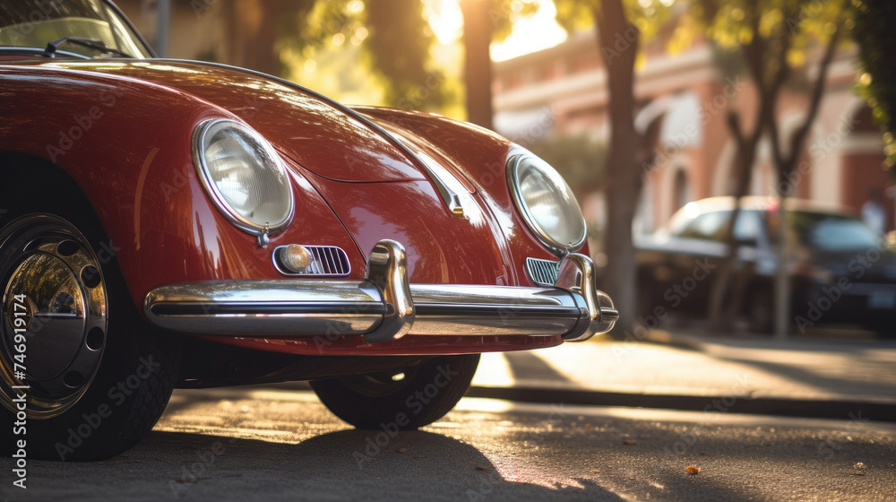 front bumper of a classic vintage car parked on the side of the road at sunset with golden light created with Generative AI Technology