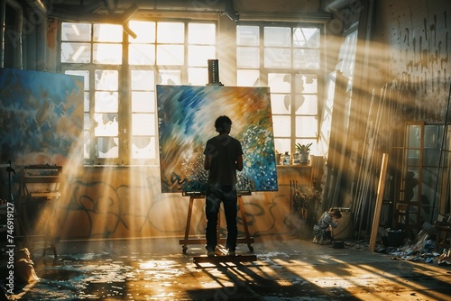 Artist Contemplating Canvas in Sunlit Studio