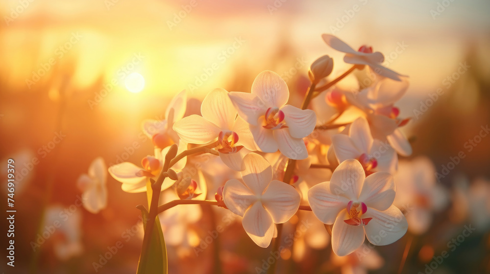 Blooming white Orchids flowers field in the garden with sunset background with soft focus realism style and soft glowing light created with Generative AI Technology 