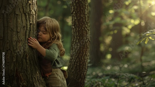 Net zero and carbon neutral concept. Child hugging a tree in the outdoor forest. global problem of carbon dioxide and global warming. Love of nature. greenhouse gas emissions target Climate Neutral photo