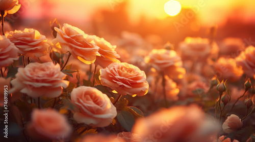 Blooming pink Roses flowers field in the garden with sunset background with soft focus realism style and soft glowing light