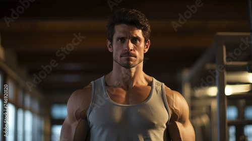 A man wearing a tank top, has a strong figure, standing in the fitness room.