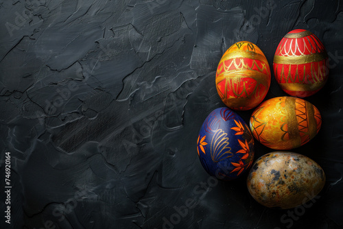 Beautiful, handpainted Armenian Apostolic, Greek, Orthodox Easter eggs on a dark slate stone background representing a Christian religious theme.
