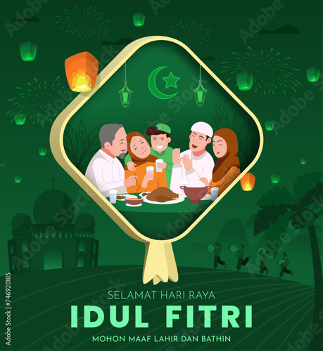 Translation : Happy Eid al Fitr. Happy Moslem Family Eating Together Celebrating Eid Mubarak. Poster Design Vector Illustration