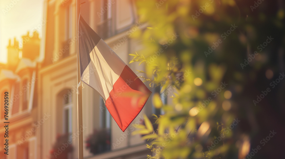 French flag is on house corner, symbol of patriotism with blurred background - obrazy, fototapety, plakaty 