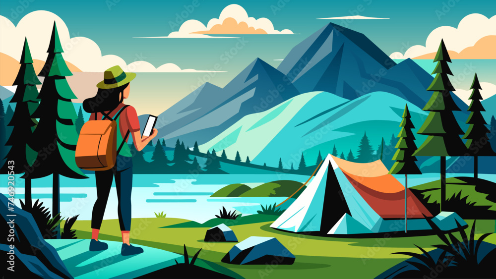 Vector illustration of a female traveler going hiking with a backpack.