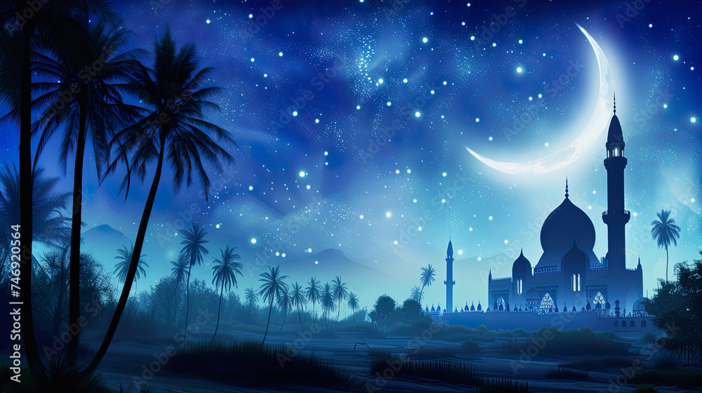 Ramadan Kareem background with mosque and crescent moon