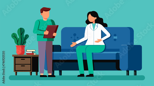 Vector illustration drawing of male doctor and his female patient in flat style.