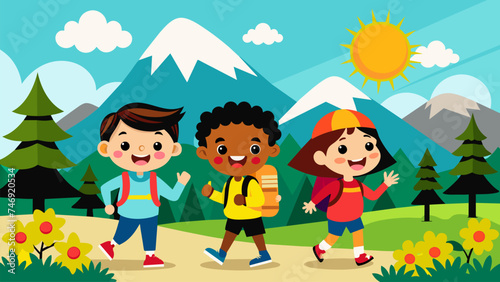 Vector illustration drawing of cheerful children playing on the picnic area.