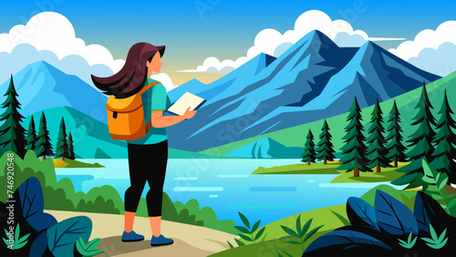 Vector illustration of a female traveler going hiking with a backpack.