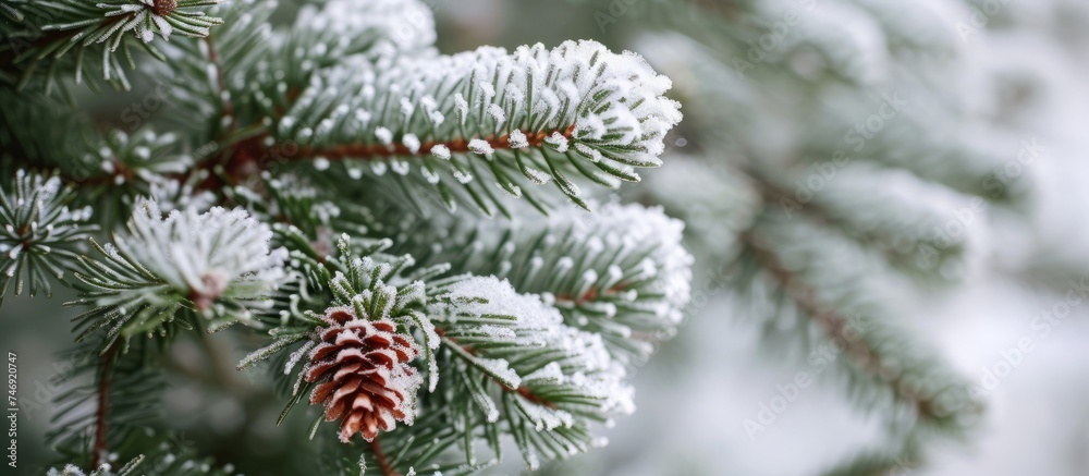 Serene Winter Scene: Majestic Snow-covered Pine Tree in the Wilderness