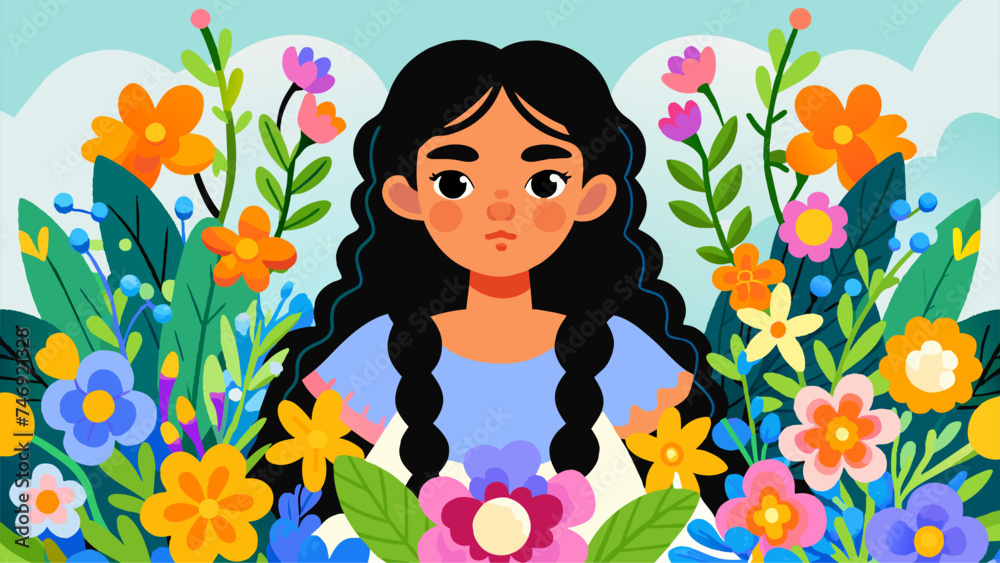 Vector illustration drawing of a woman in a flower garden on Women's Day.