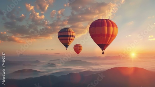 Colorful hot air balloons flying above high mountain at sunrise with beautiful sky background