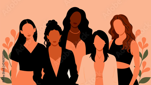 Vector illustration drawing representing the meeting of women of different races on Women's Day.
