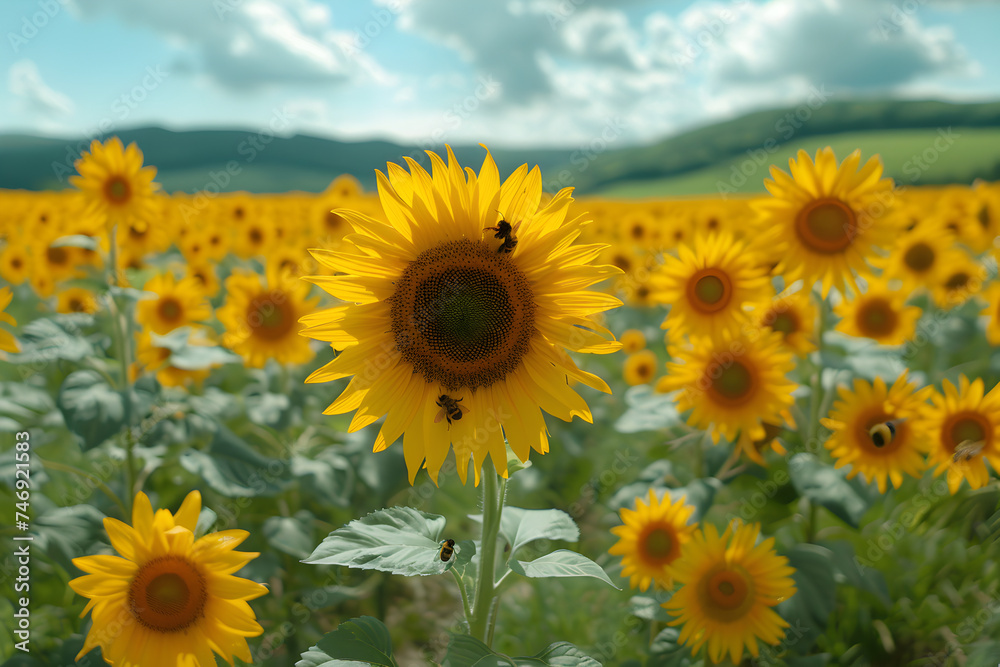 Fototapeta premium A sunflower field under golden sunset skies with buzzing bumblebees.