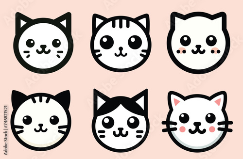 cute cat heads set for clip art stickers and logos in a flat modern simple and soft Japanese theme