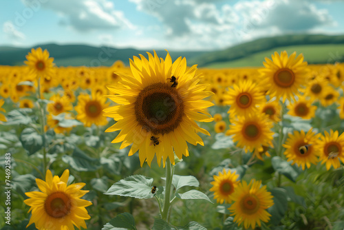 A sunflower field under golden sunset skies with buzzing bumblebees.