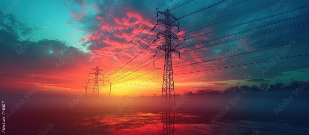 sustainable energy concept high voltage pole with power line transferring electricity from solar photovoltaic for sale at sunrise. - obrazy, fototapety, plakaty 