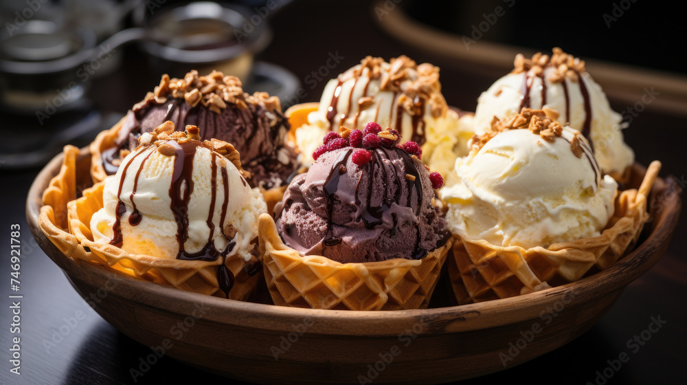 lots of waffle cones with scoops of vanilla chocolate ice cream and chocolate chips on a cloth napkin lots of waffle cones with scoops of vanilla chocolate ice cream and chocolate chips on a cloth napkin