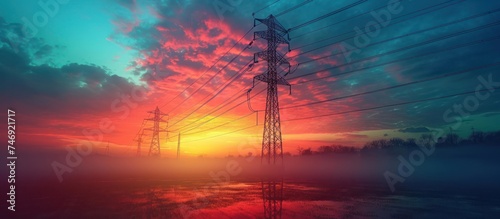 sustainable energy concept high voltage pole with power line transferring electricity from solar photovoltaic for sale at sunrise. photo