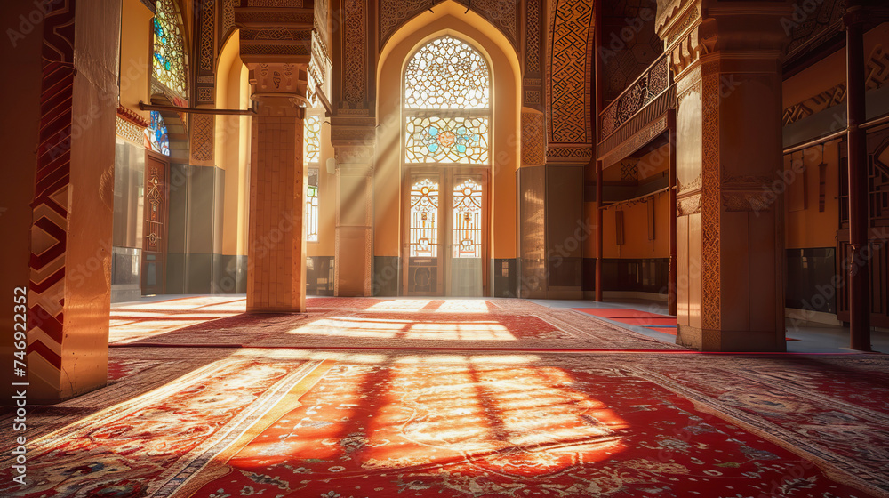 Mosque interior illuminated by sunlight through ornate windows