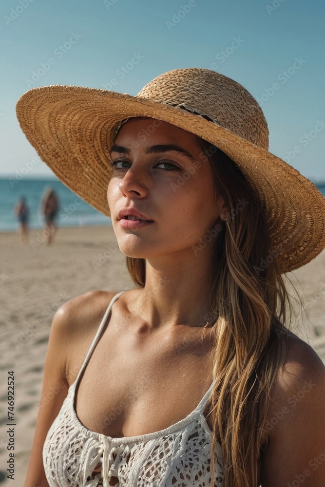 Beautiful girl with straw hat enjoying sunbath at the beach