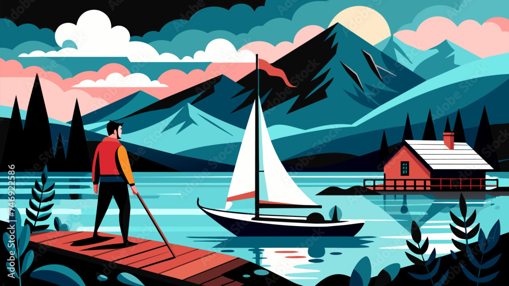 Vector illustration of man sailing on the lake with his boat on a lake with a mountain view.