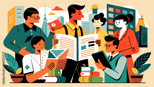 Vector illustration drawing of an abstract moment of office staff celebrating with excitement.