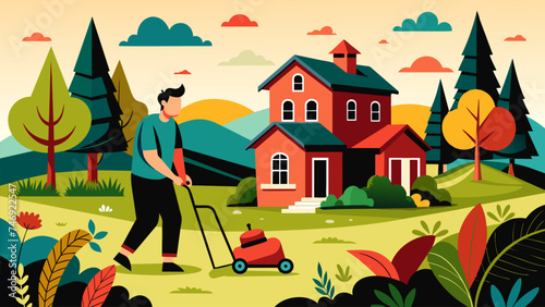 Vector illustration of man mowing the grass in the garden of the country house.