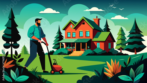 Vector illustration of man mowing the grass in the garden of the country house.