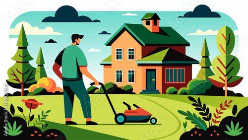 Vector illustration of man mowing the grass in the garden of the country house.