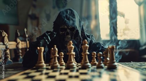 Chess board game concept of business idea, Grim Reaper is playing chess. photo